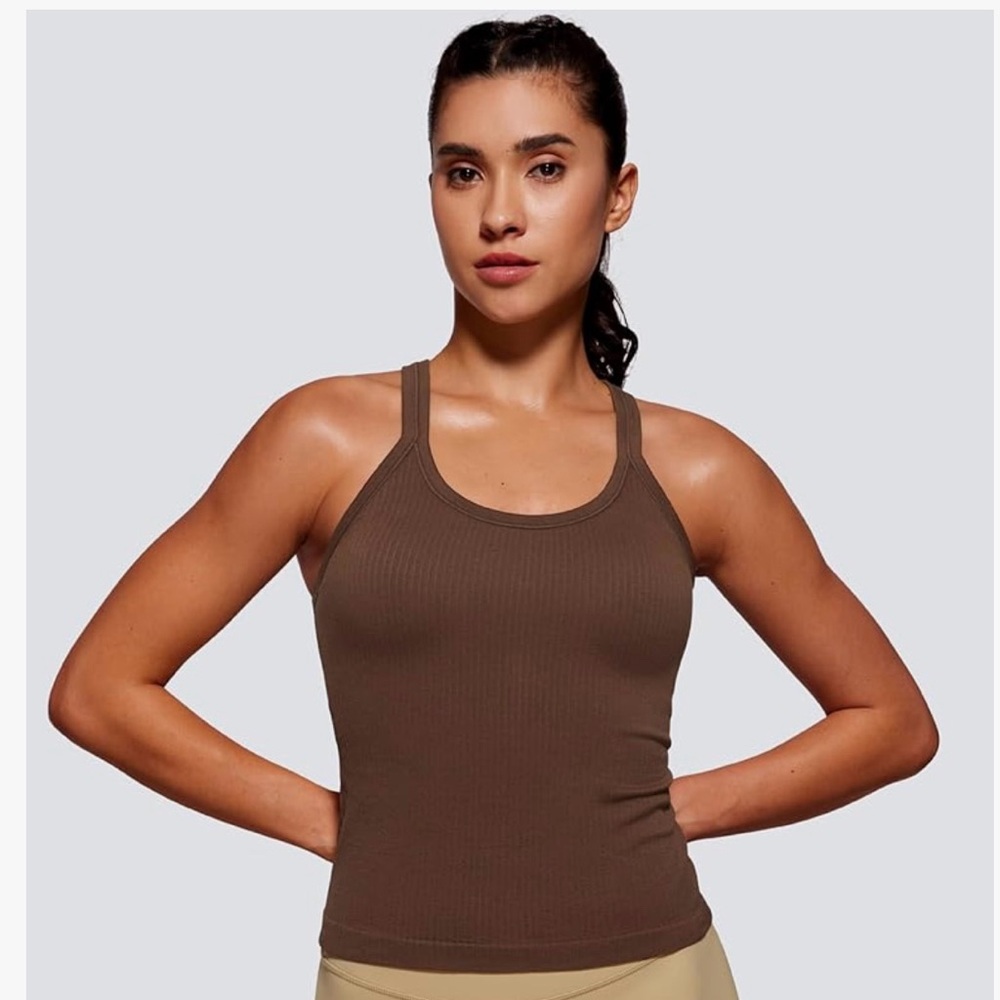 CRZ YOGA Seamless Ribbed Womens Tank Top Racerback Sz M COFFEE BROWN